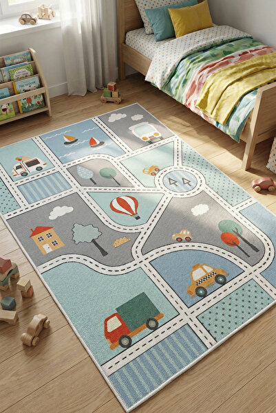 VOPTEKS Yeşil Çocuk Odası Halısı Leke Tutmaz Makinede Yıkanabilir Kaymaz Taba...
