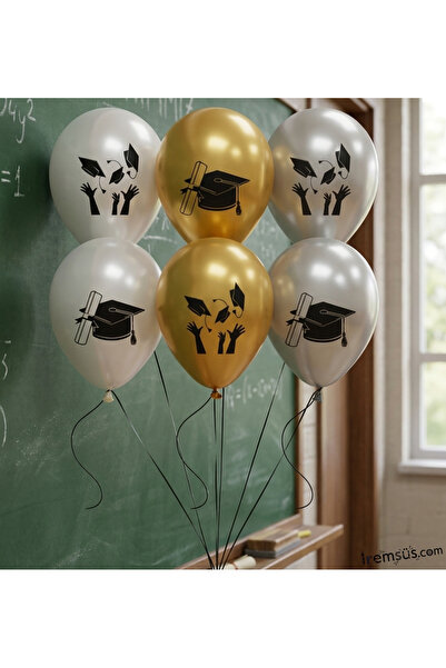 mypartyready Kep Baskılı Mezuniyet Töreni Süsleme Balonu Gold Gümüş Beyaz 10 ...