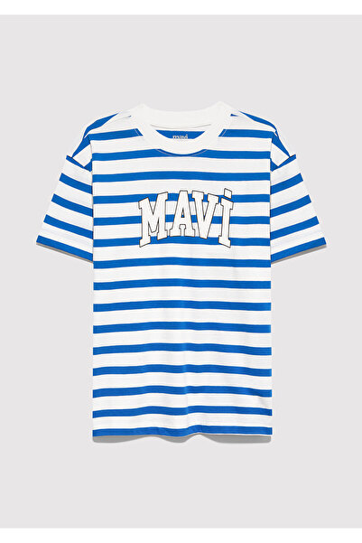 Mavi Baskılı Çizgili Tişört Loose Fit / Bol Rahat Kesim 6610251-91364