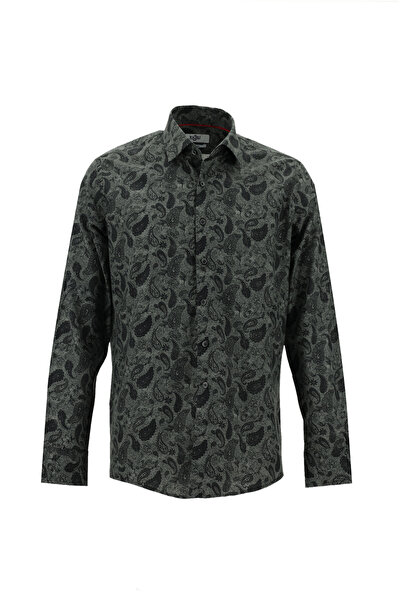 Kiğılı Uzun Kol Slim Fit Dar Kesim Baskılı Pamuk Spor Gömlek