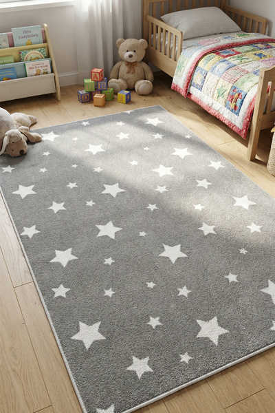 VOPTEKS Gri Çocuk Odası Halısı Leke Tutmaz Makinede Yıkanabilir Kaymaz Taban ...