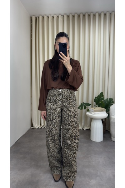 YOUR NAME Blugi de damă drepti Camel cu talie înaltă cu model leopard