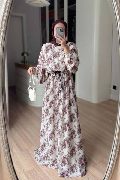 Ka Hijab Floral Print Bat Sleeve Lined Dress - Burgundy