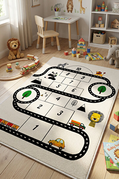 VOPTEKS Beyaz Çocuk Odası Halısı Leke Tutmaz Makinede Yıkanabilir Kaymaz Taba...