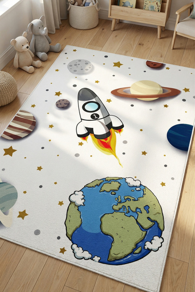 VOPTEKS Beyaz Çocuk Odası Halısı Leke Tutmaz Makinede Yıkanabilir Kaymaz Taba...