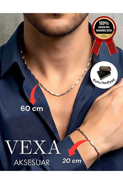 Vexa Aksesuar İthal Kibrit Bambu Küp Model Çelik Kolye & Bileklik Set – Karar...