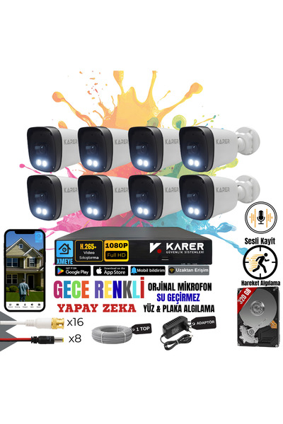 EXİTCAM 8 Kameralı SESLİ-YÜZ ve ARAÇ Tanımalı-GECE RENKLİ-SU GEÇİRMEZ GÜVENLİK SETİ