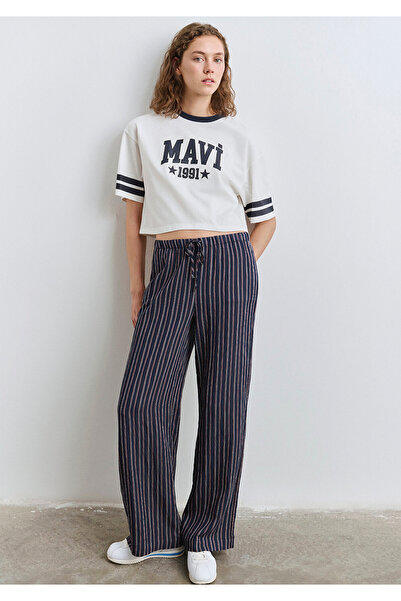 Mavi Gestreifte dunkelblaue Hose mit Schnürung an der Taille 1011024-89853