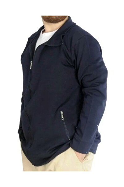 cusseli Large Size Men's Cardigan Zippered Stell Stand Collar 20571 Navy Blue