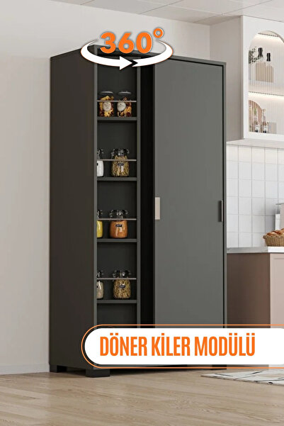 AEKA LUNA Antrasit Döner Çok Amaçlı Dolap – Raflı Mutfak ve Kiler Dolabı