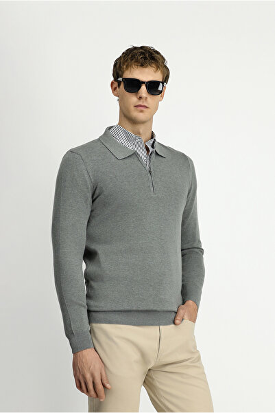 Kiğılı Pulover tricotat cu guler polo, croială normală, cu fermoar, bumbac di...