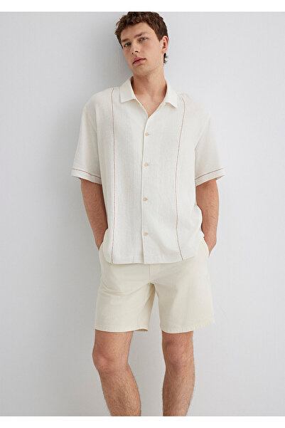 Mavi Keten Karışımlı Ekru Gömlek Loose Fit / Bol Rahat Kesim 0211597-70058