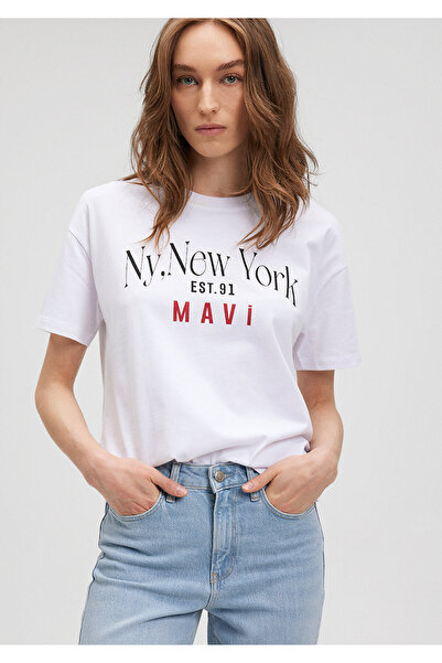 Mavi Біла футболка з принтом логотипу та вільним кроєм - 1612842-620