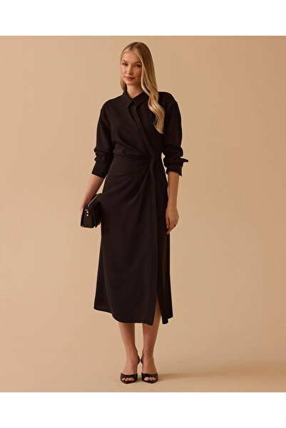 SEÇİL Gömlek Yaka Drapeli Elbise