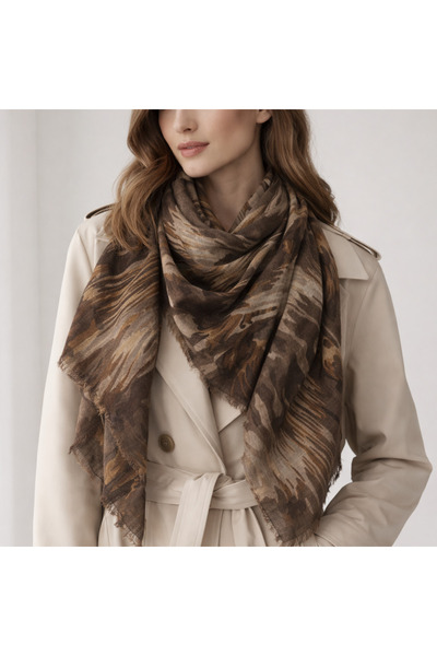 KRAFTELLA Soft Doğal Tonlar Tropikal Desenli Keten Görünümlü Kare Şal -Tropik...