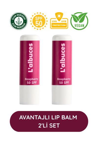 L'albuces 50 SPF Raspberry Lip Balm 2’li Set – Yüksek Güneş Koruması & Nem