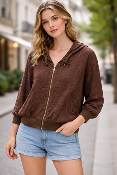 Butik Şans سترة من الكتان الإيطالي بغطاء للرأس وإغلاق بسحاب