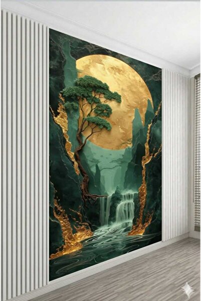 dekoartizan Altın Ay ve Zümrüt Şelale Manzaralı 3D Duvar Kağıdı