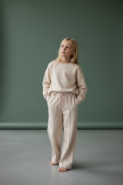 gülse kids Modal Penye Bej Kız Çocuk Geniş Paça Eşofman Takımı