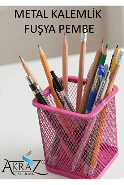 Akraz Art Design MASA ÜSTÜ METAL TEKLİ KALEMLİK FUŞYA PEMBE (kare)