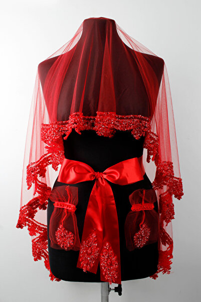 Mortex Kırmızı Boncuk Taş Kupon Vıp Gelin Seti – Kına Gecesi, Düğün, Nikah İç...