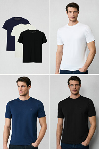 Kiğılı Bisiklet Yaka Slim Fit Dar Kesim Pamuk 3'lü Paket Tişört Seti