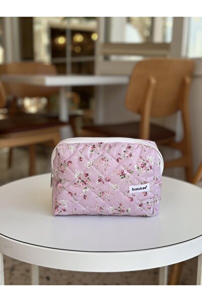 Batekso Koyu Gül Kurusu Çiçek Desenli Makyaj Çantası - Büyük Boy