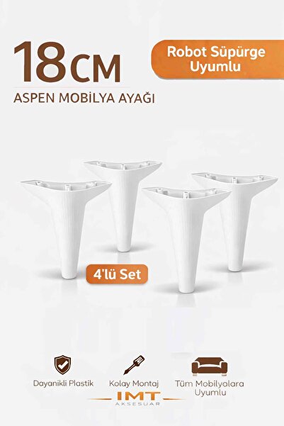 İMT AKSESUAR Aspen Mobilya Ayağı 18 cm (4'lü Set) Beyaz Robot Süpürgeye Uyuml...
