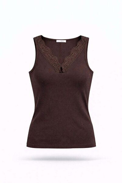 5in1Canpolat قميص رياضي بني دانتيل مفصل قماش مجدّل رقم 26288