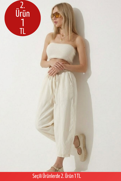 COMBİNE MİCHAİL Kadın Lastikli Rahat Ekru Şalvar Pantolon