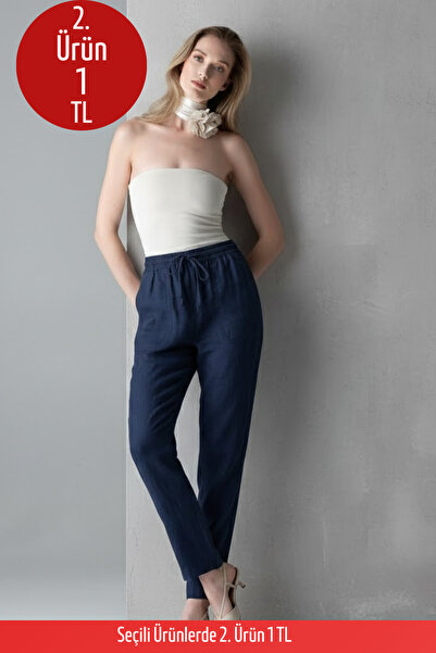 COMBİNE MİCHAİL Kadın Lastikli Rahat Lacivert Keten Pantolon