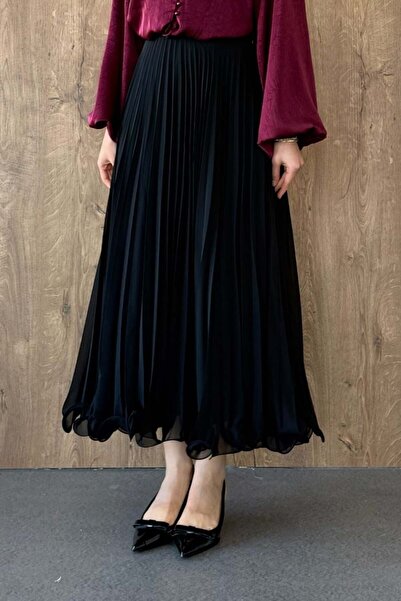 Şulemoda Giyim تنورة شيفون سوداء بطيات