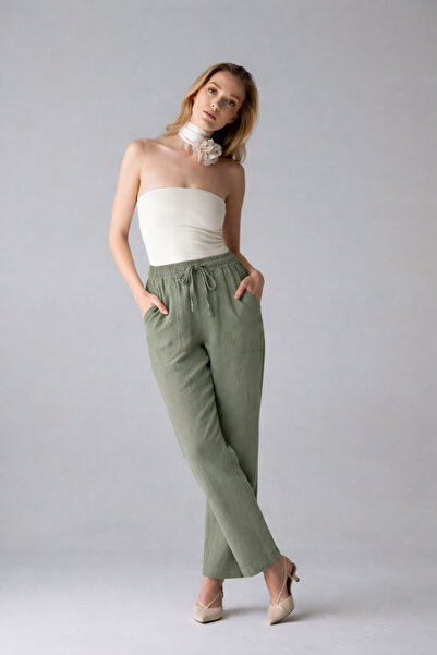 Kadın Lastikli Rahat Haki Keten Pantolon