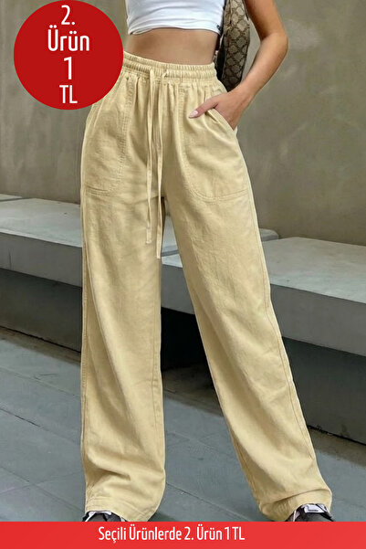 COMBİNE MİCHAİL Kadın Beli Lastikli Krem Keten Pantolon