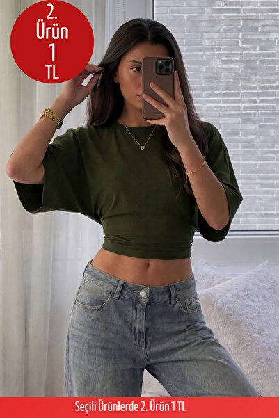 COMBİNE MİCHAİL Kadın Vücuda Oturan Geniş Kol Haki Bluz