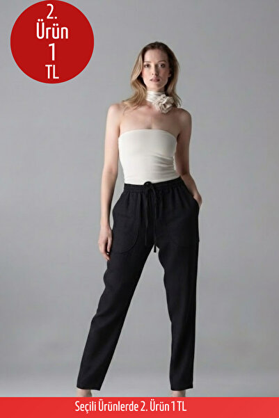 COMBİNE MİCHAİL Kadın Lastikli Rahat Siyah Keten Pantolon