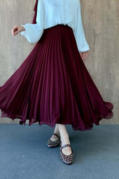 Şulemoda Giyim تنورة الشيفون بورجوندي مطوي