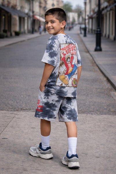 poozkids Boy's Batik Print Shorts Set Oversized T-Shirt + Shorts Summer Casual Combination