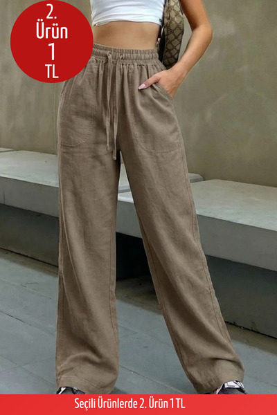 COMBİNE MİCHAİL Kadın Beli Lastikli Vizon Keten Pantolon