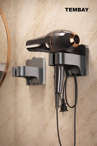 Siyah Yapışkanlı Fön Makinesi Askısı, Saç Kurutma Makinesi Tutacağı, Fön Makinası Tutacağı 1 Adet