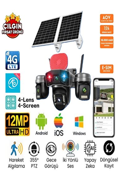 SLTECH OK-336 PREMiUM 4 kameralı 12mp 4G Sim Kartlı Solar Çift Güneş Panelli ...