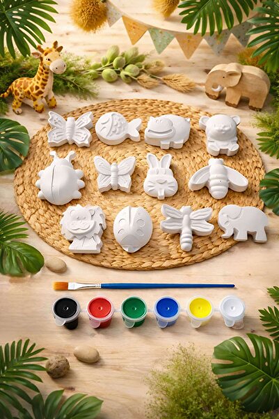 Atölye yüksel Hayvanlar Alemi Taş Boyama Seti = 12 Taş + 6 Renk Boya + 1 Fırça