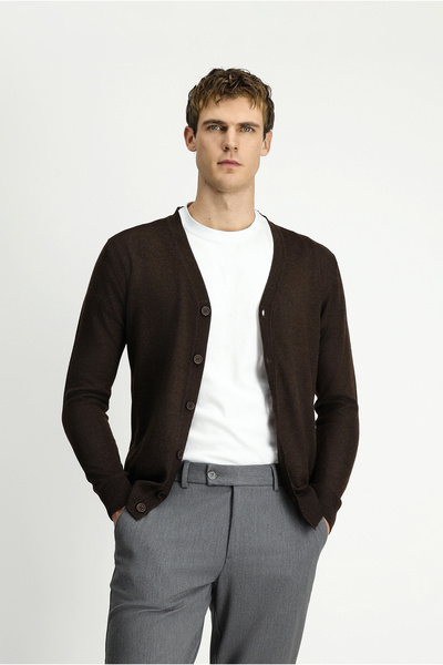 Kiğılı Cardigan din lână cu decolteu în V și nasturi din material subțire