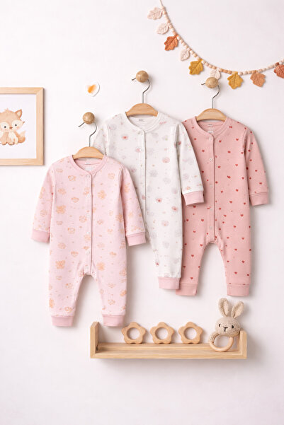 Roza Kız Bebek Baskili Pamuklu Mansetli 3'lü Tulum Renkli Desenli 3 6 9 Ay ye...