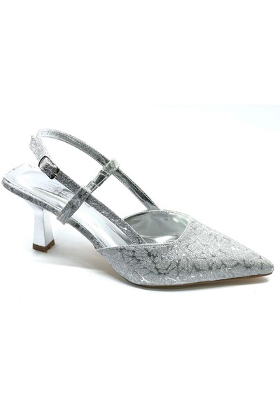 KCMN Mehtap Wrinkled Open Back Stiletto Women's Heeled Shoes Silver