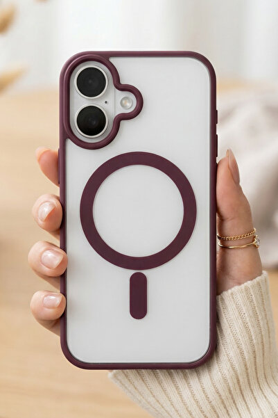 KVK PRİVACY iPhone 16 MagSafe Uyumlu Bordo Şeffaf Telefon Kılıfı Darbe Emici ...