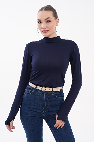 bykombincim %100 VİSKON LACİVERT Parmak Detaylı Kadın Body – Uzun Kollu | Esn...
