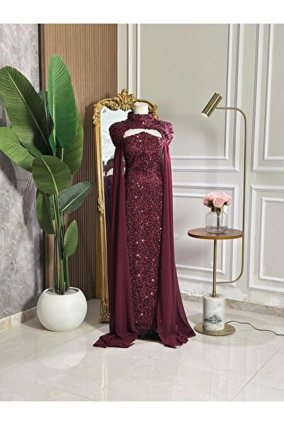 vanus fashion 6884 - Burgundy sequined evening dress with cape