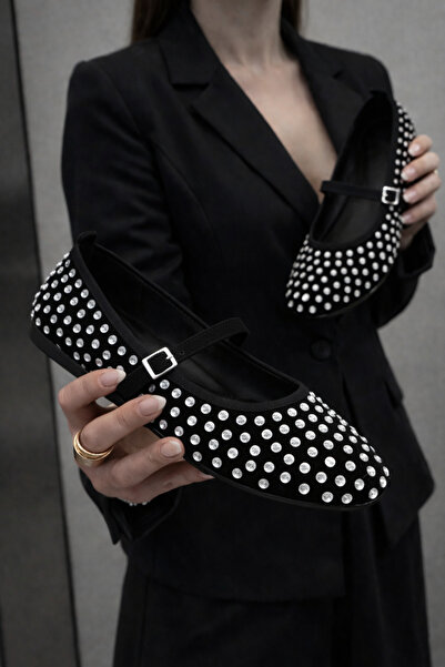 FootFrenzy Kadın Taş Dokulu Mary Jane Günlük Şık Konforlu Rahat Taban Babet A...