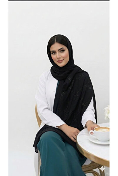 Veil Designer A black hijab with rose embroidery and black branches covering ...